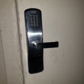 After photo, battery operated keypad lock installation with Von duprin panic bar.