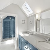 Blue and White Attic Unit Master Bathroom - Modern Styel