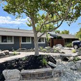 Calistoga Boulders, Basalite Artisan Slat Pavers Positano Color, Dry Riverbed, Belgard Highland Block Wall, Succulents, Ca Gold 3/8 in Rock