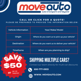 Save $50 off one car transport! If you're shipping multiple cars, give us a call today and ask about our multi-car discounts