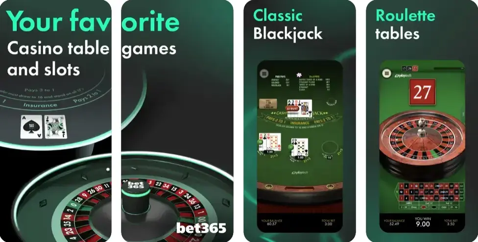 bet365 casino app promo advertising casino slots and table games like blackjack and roulette