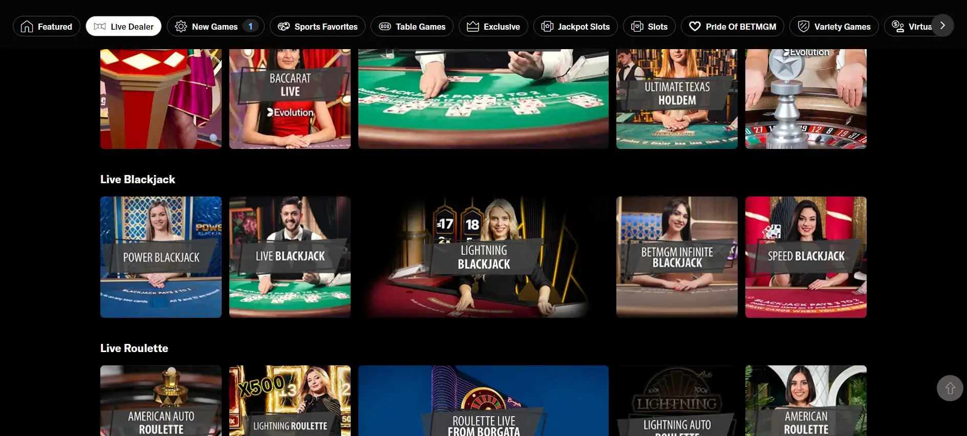 BetMGM's live blackjack dealer selection that includes variants such as Power Blackjack, Lightning Blackjack, BetMGM Infinite Blackjack, and Speed Blackjack.