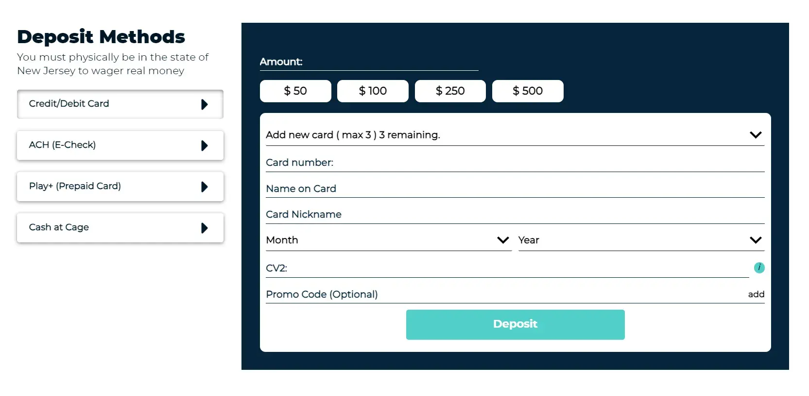 Ocean Online Casino payment methods