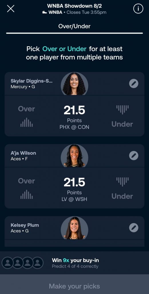 WNBA Showdown Over and Under picks on Vivid Picks app