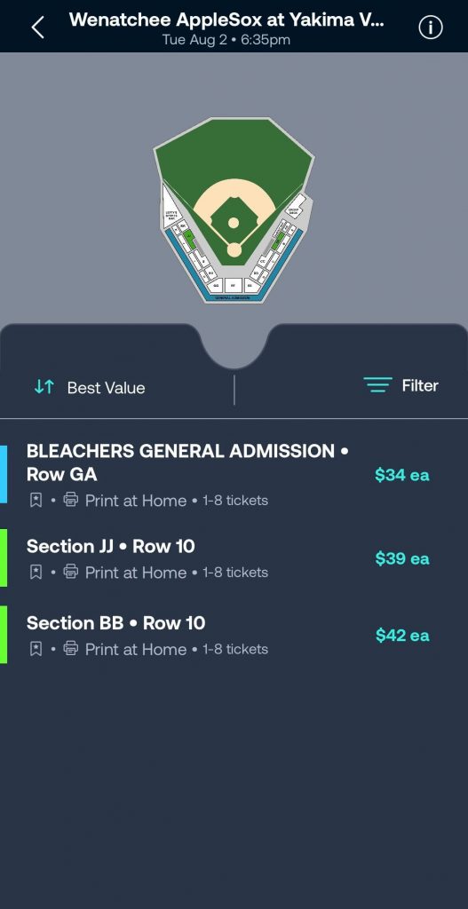 Vivid Seats page on the Vivid Picks App