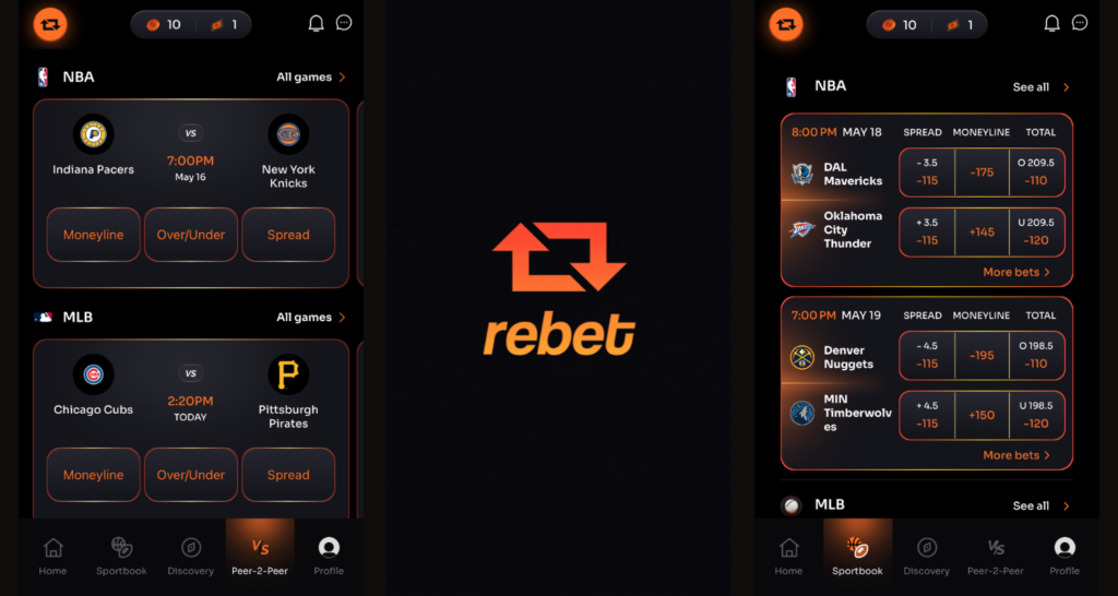 three panel screenshots of rebet social sportsbook mobile app