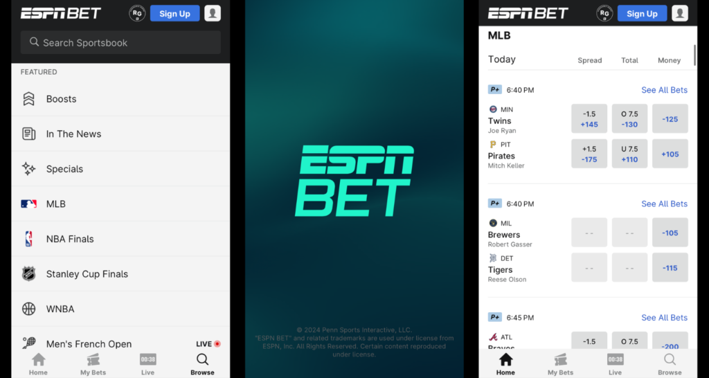 three screenshots of the ESPN BET app featuring the browse page, the loading page with the logo, and the home page with MLB lines