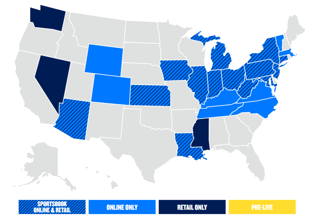 map of the u.s. indicating which states have fanduel sportsbook online and/or at retail locations