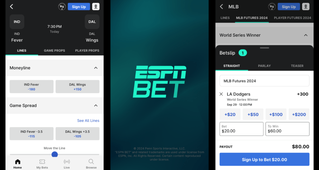 three screenshot panel of the ESPN BET sportsbook app, featuring the app's home page, loading page, and betslip