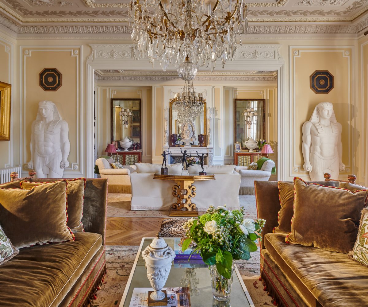 Grand salon of interior designer Timothy Corrigan's Parisian pied-a-terre