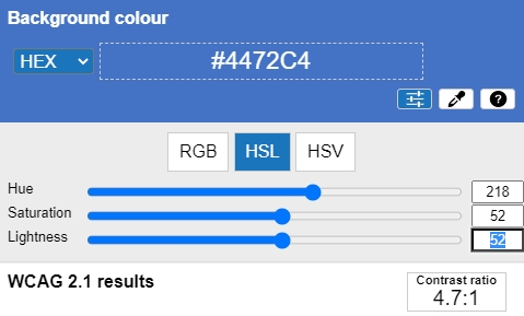 Screen shot of CCA with Color Sliders HSL tab showing Hue 218, Saturation 52, Lightness 52 and Contrast Ratio 4.7:1.