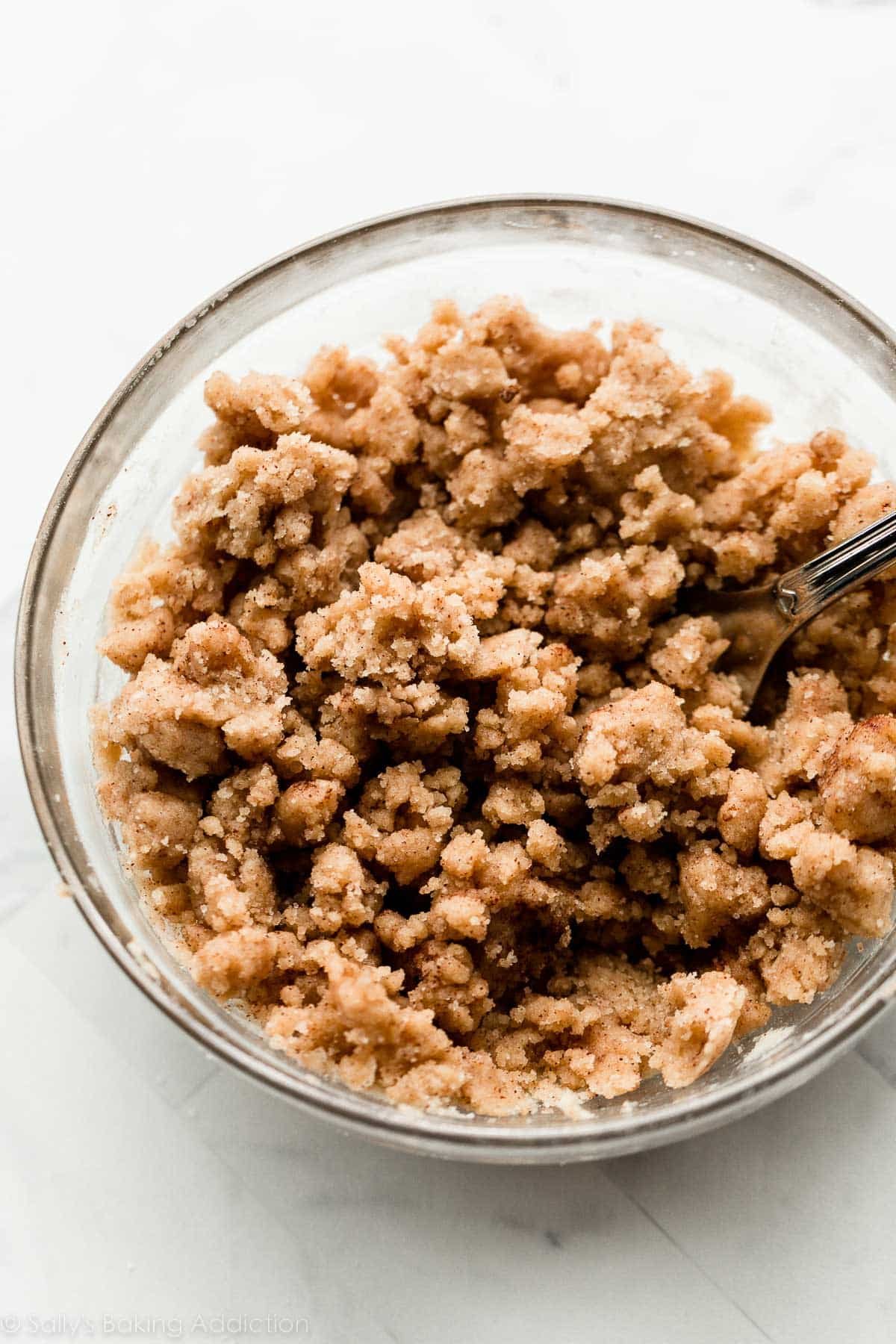 brown sugar crumble mixture in glass bowl.