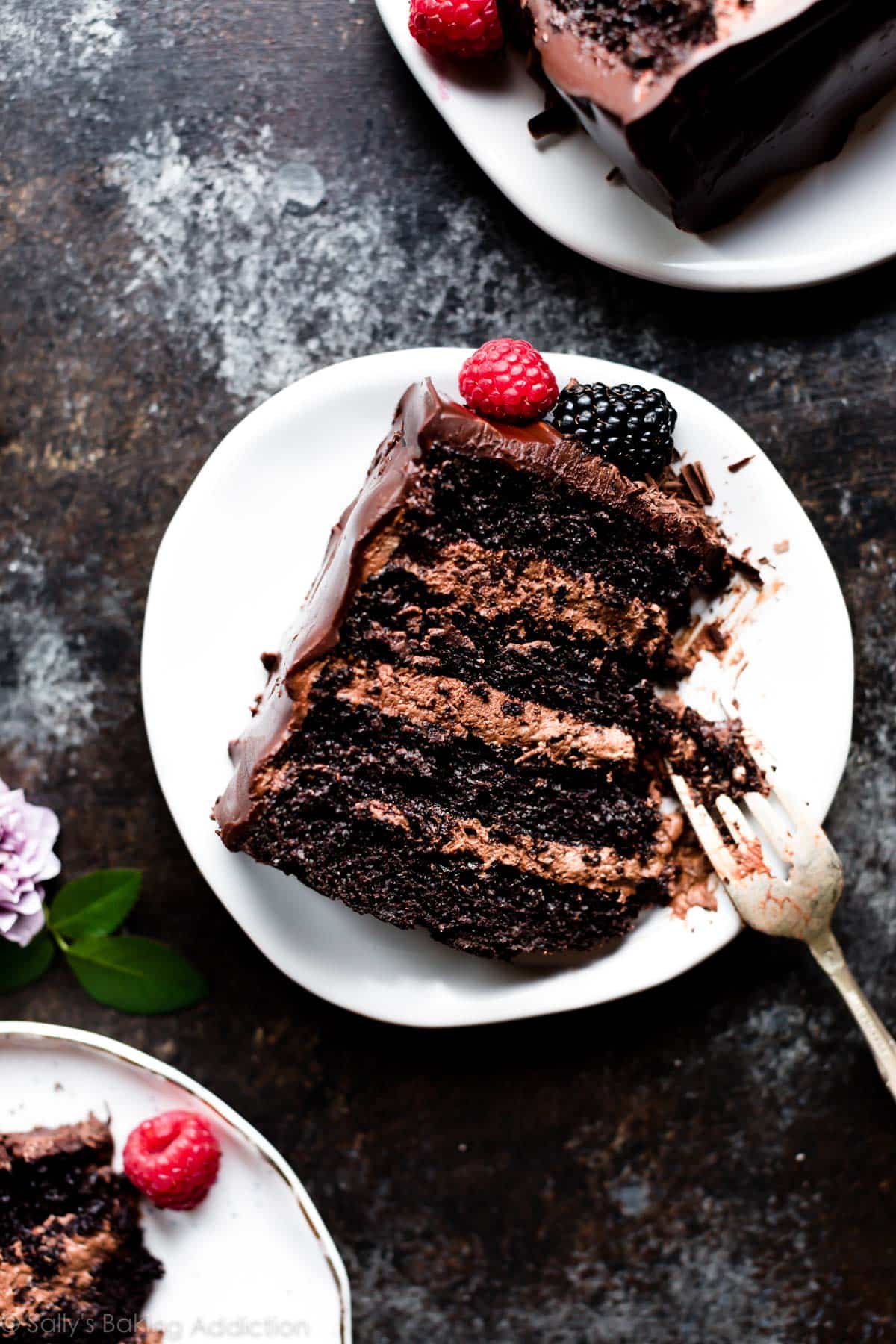 slice of chocolate mousse cake on a white plate