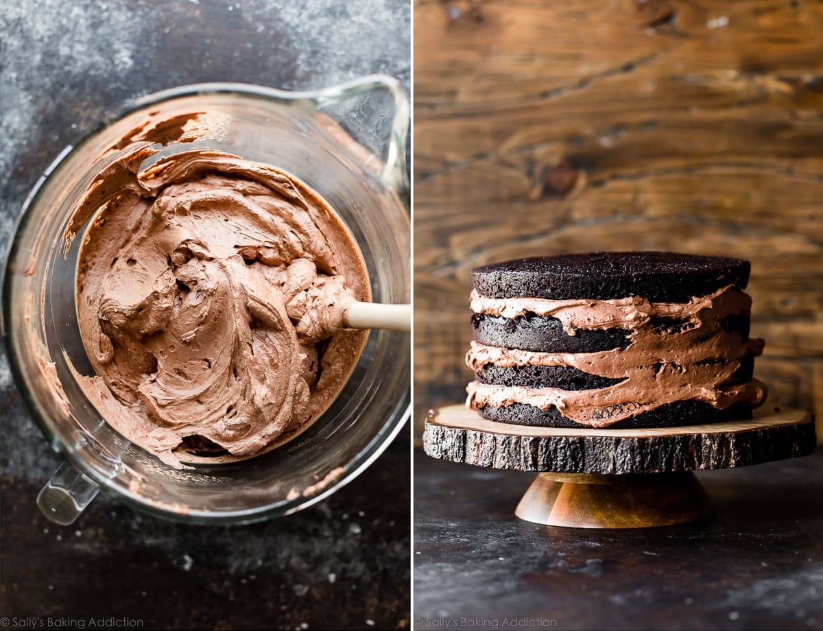 chocolate mousse for chocolate cake in glass bowl and between cake layers