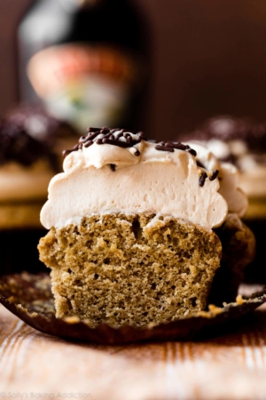 close-up photo of Baileys and coffee cupcake cut in half