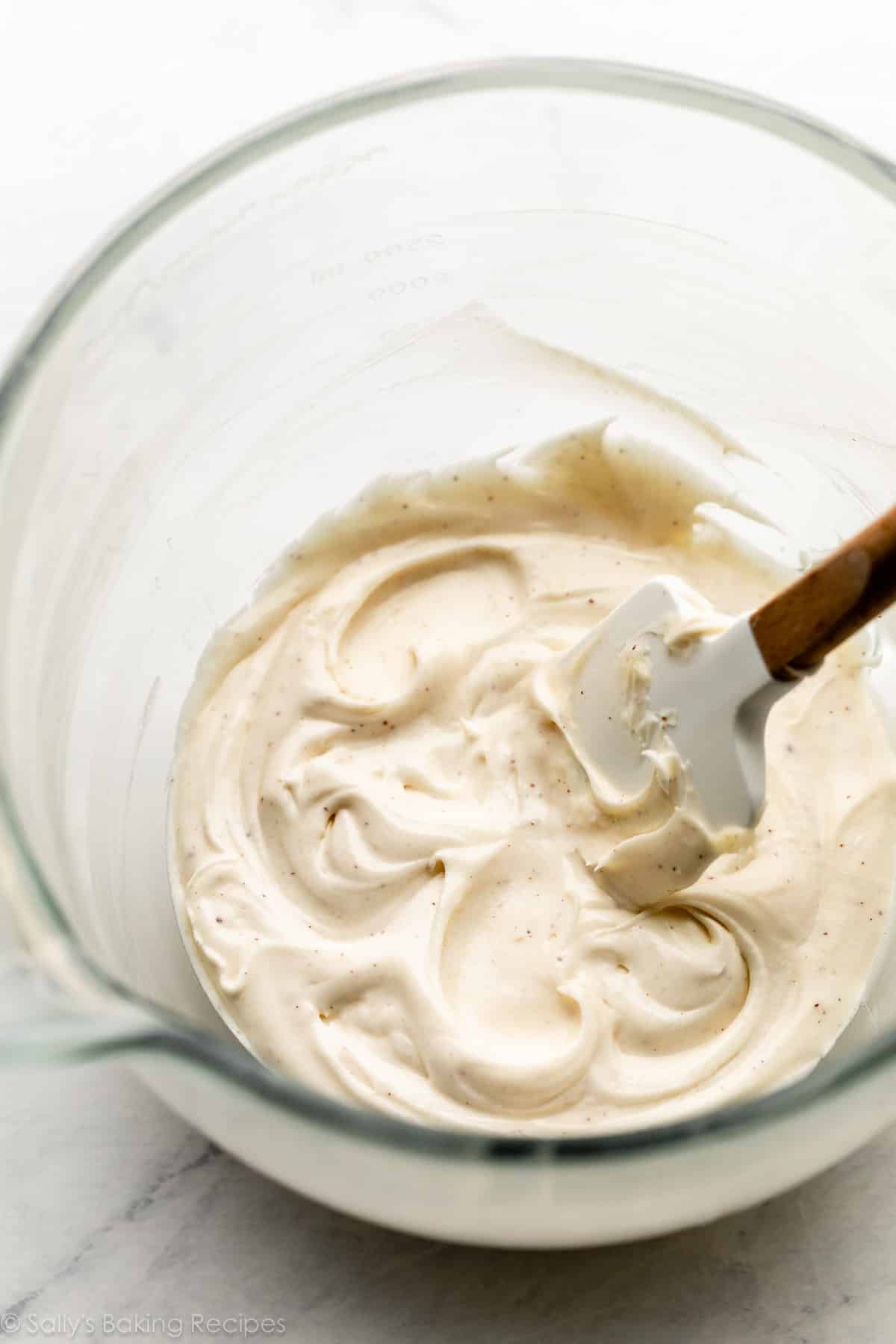 brown butter cream cheese frosting in glass bowl.