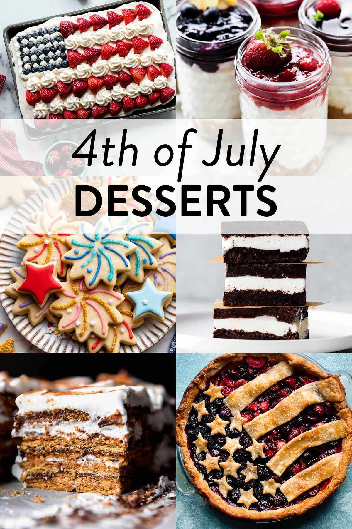 collage of 4th of July dessert recipes including American flag pie and cake, no bake cheesecake jars, fireworks cookies, ice cream sandwiches, and s'mores cake.