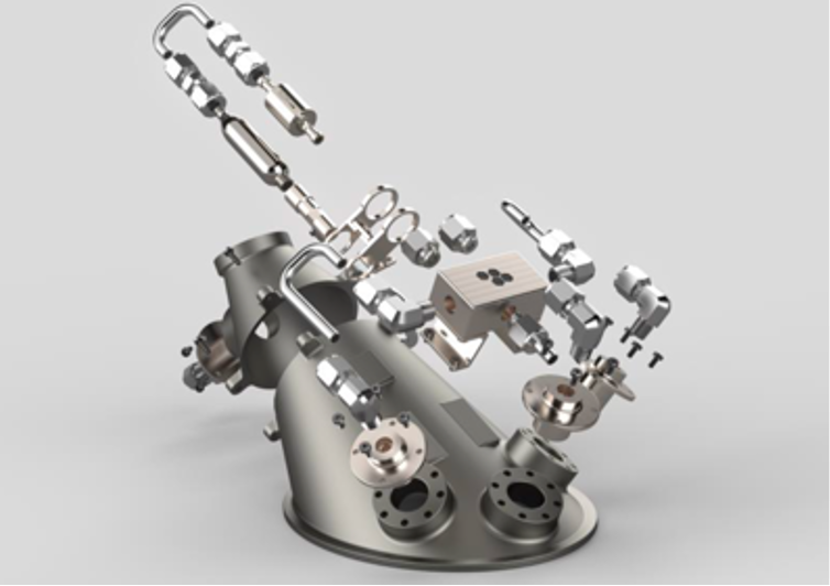 This graphic demonstrates how the few dozen pieces that comprise LTV fit together. The silver parts are disassembled and suspended in the air frozen, displaying the overall shape of the instrument while allowing space to observe the construction. The silver metal base extends up to the left at a slant, and the remaining components follow the same diagonal direction.