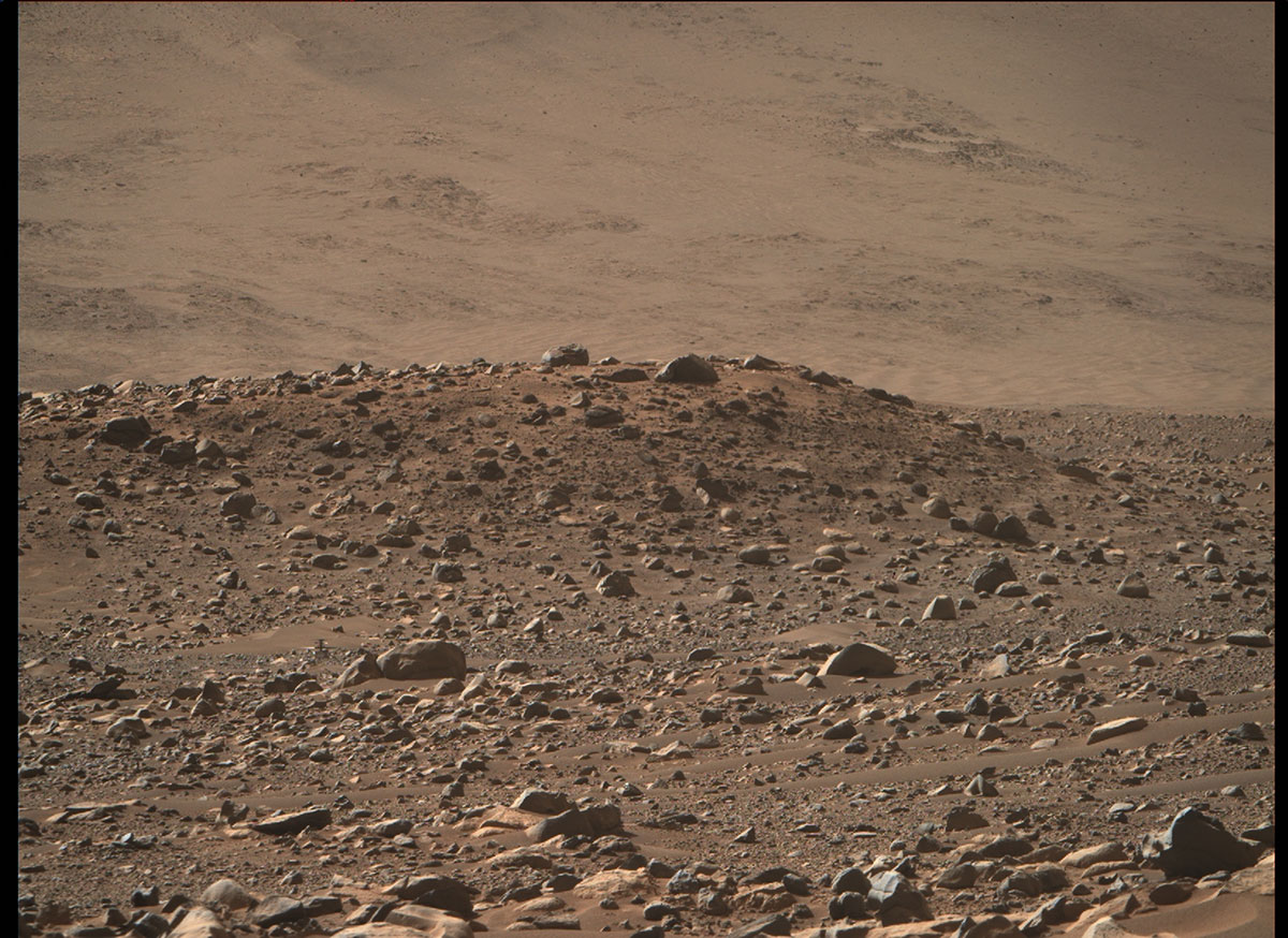 Ingenuity Mars Helicopter at Airfield Mu. The helicopter is just below and to the left of center in the image. It is about 720 feet (220 meters) away from the rover. The approximately 4-foot-wide (1.2-meter-wide) split boulder, which appears to be directly in front and to the right of the helicopter, is actually about 380 feet (115 meters) in front of the rotorcraft.