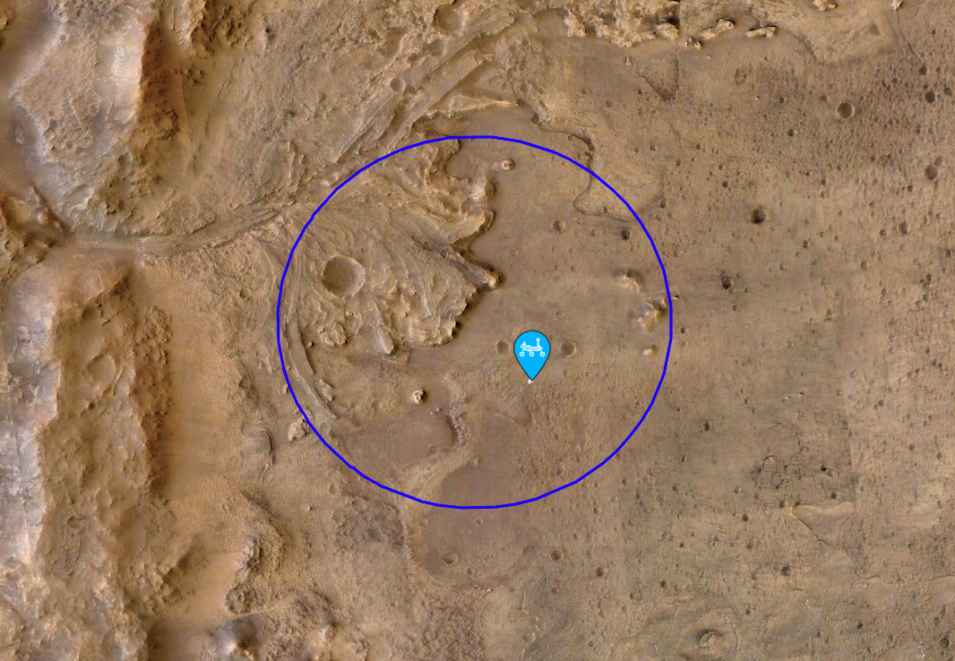 An overview picture of the surface of Mars with a region circled to indicate the location of the Perseverance Rover