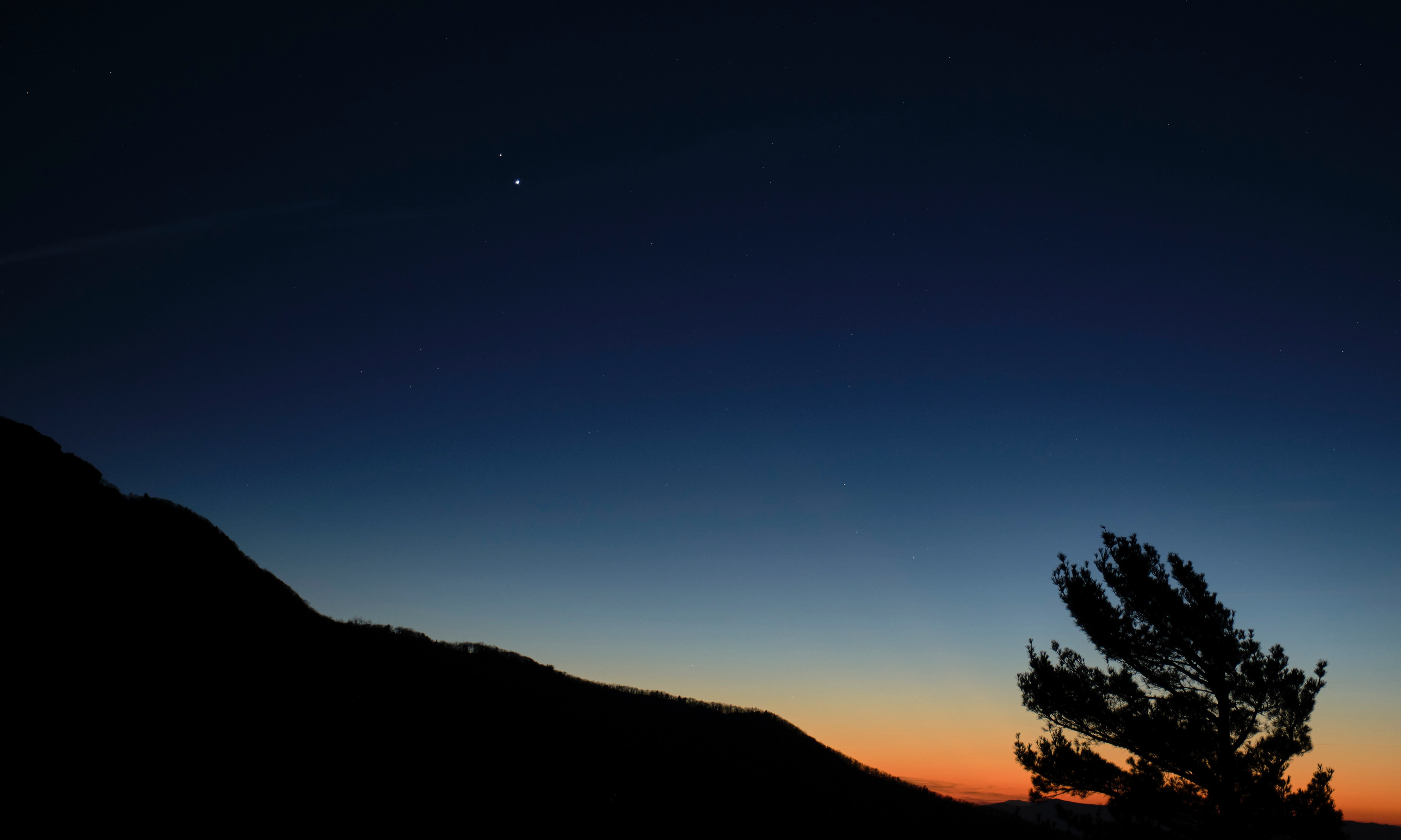 A dark sky full of stars expands over a mountainscape still aglow with the setting Sun.