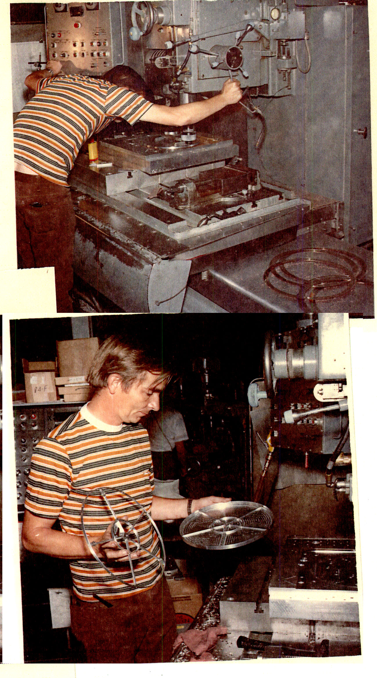 A man in a machine show shapes a metal mounting bracket with machine tools.