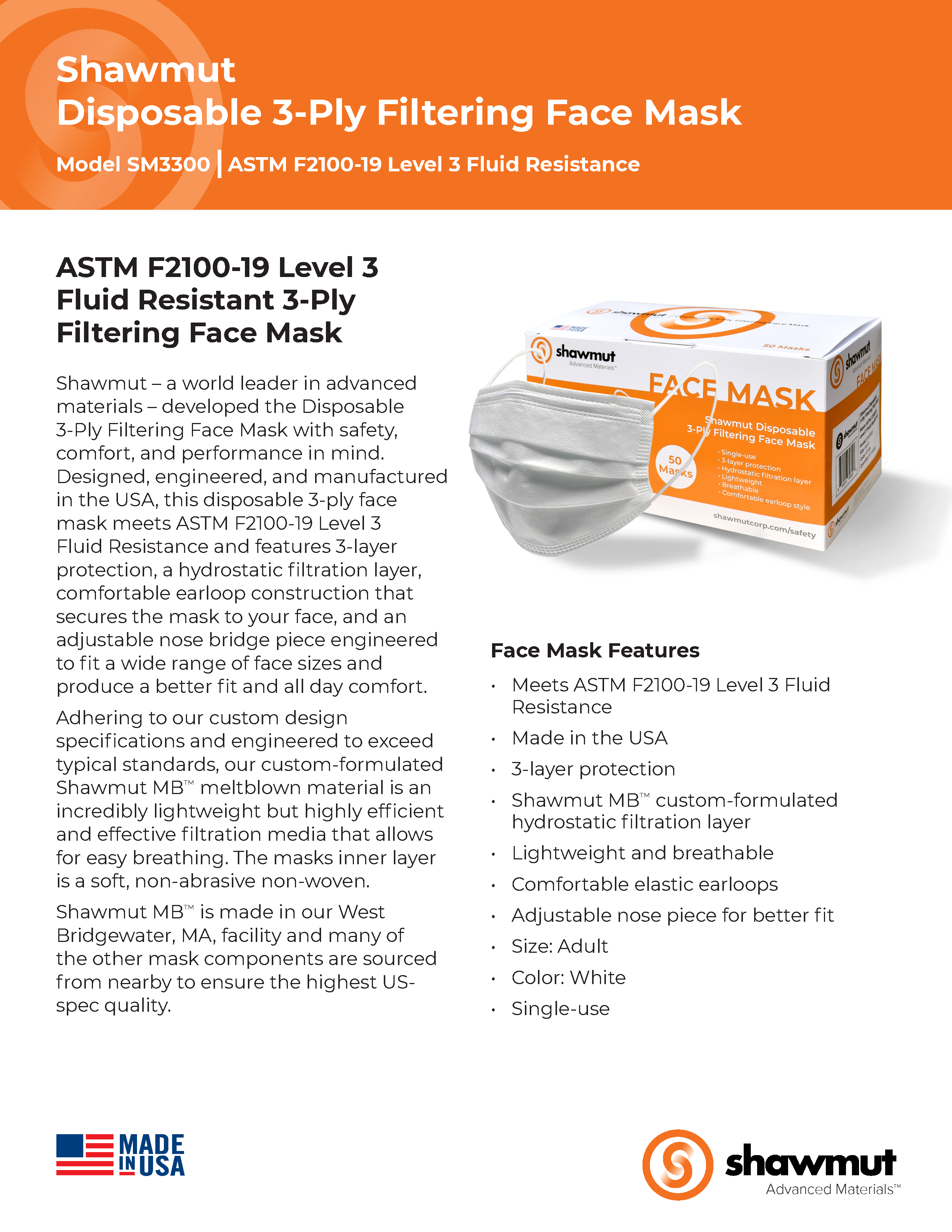 Shawmut Disposable 3-Ply Filtering Face Mask_SM3300_Spec Sheet