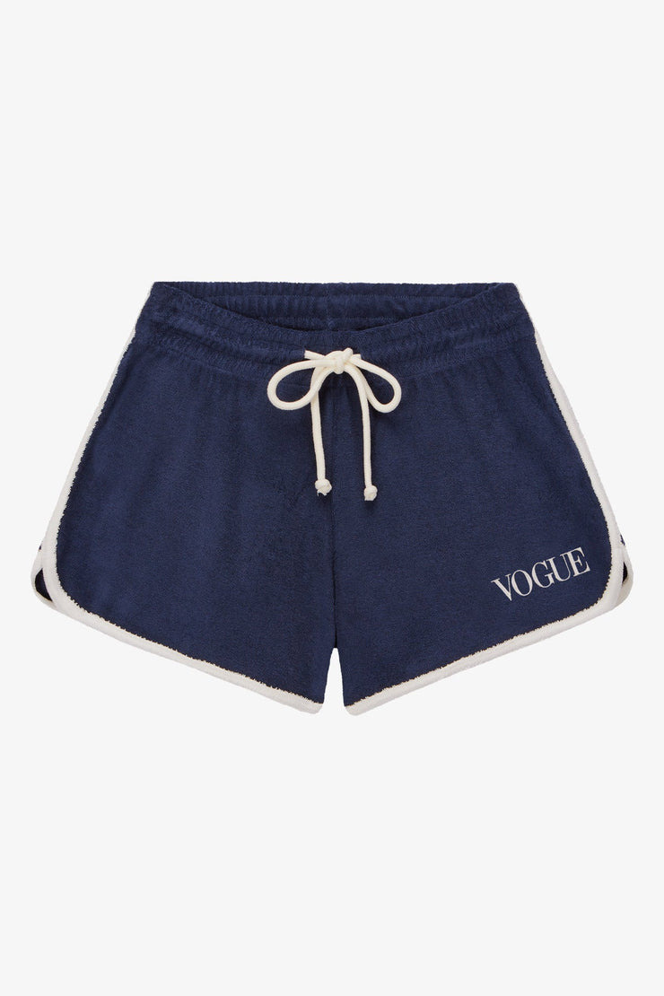 Shorts VOGUE azul marino de felpa con logo bordado