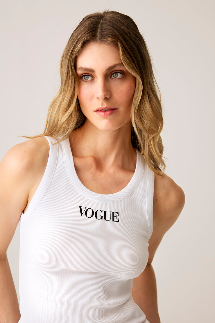 Tank top VOGUE bianco con logo stampato nero