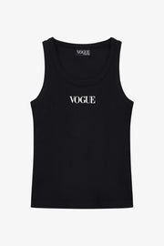 Tank top VOGUE Stripes Edition nero con logo stampato bianco