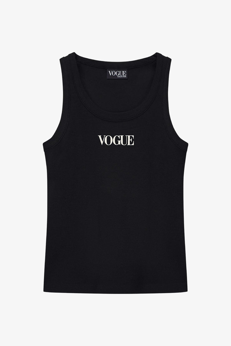 Tank top VOGUE Stripes Edition nero con logo stampato bianco