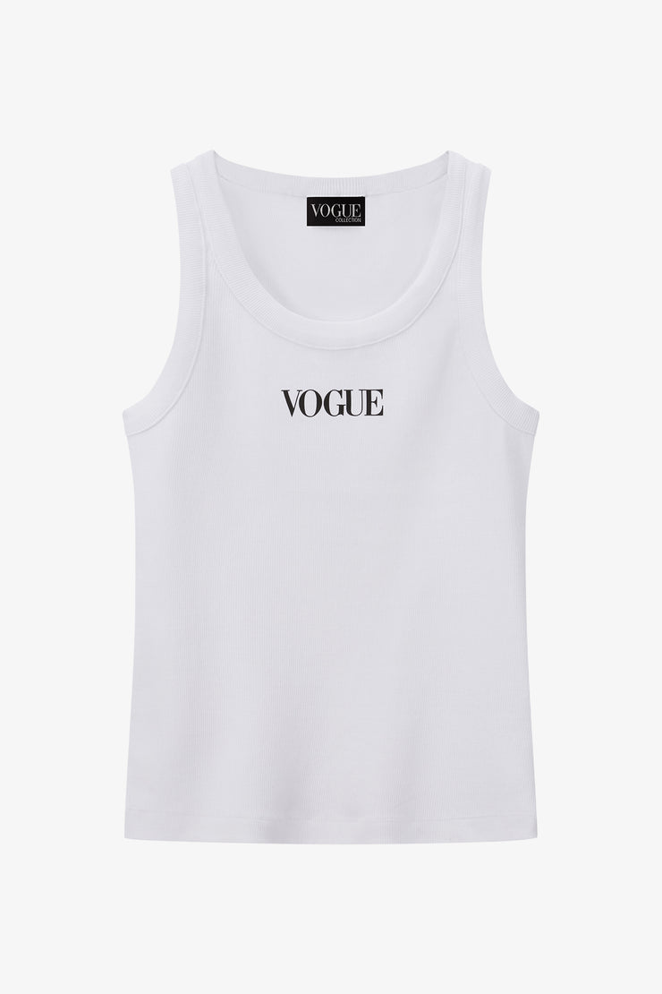 Tank top VOGUE bianco con logo stampato nero