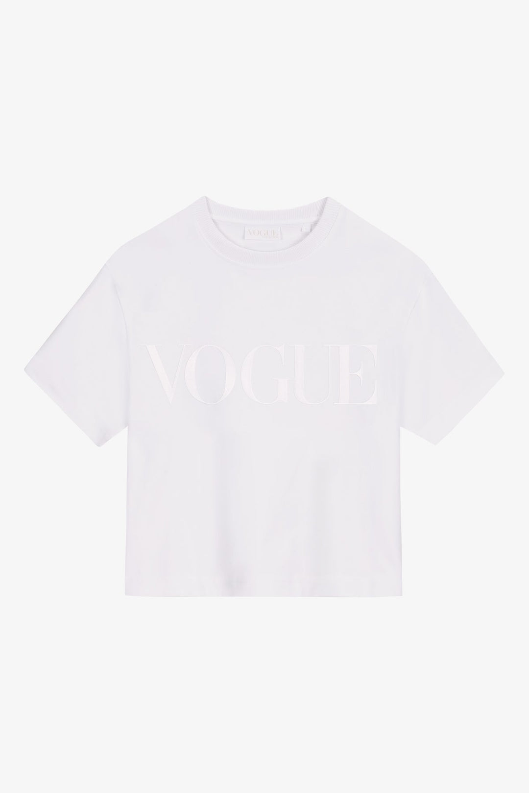 T-shirt cropped VOGUE bianca con logo ricamato tono su tono