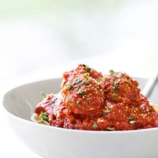 At only 60 calories, these Turkey Meatballs are the perfect, healthy, easy, weeknight meal. These are made without breadcrumbs, are gluten free, and are so juicy! showmetheyummy.com #healthy #turkey #meatballs