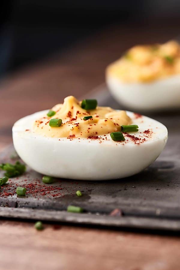 deviled egg on baking sheet side view