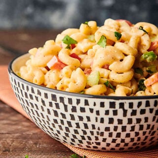 Bowl of macaroni salad side view