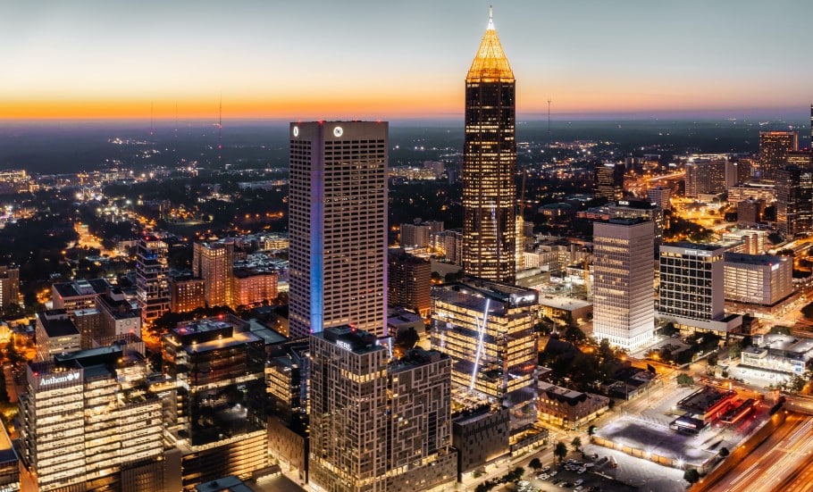 Aerial view of Atlanta Georgia Skyline containing the Signia Hotel by Hilton Atlanta