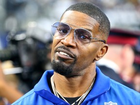 Jamie Foxx is seen ahead of the NFL game between Las Vegas Raiders and Dallas Cowboys at AT&T Stadium on November 25, 2021 in Arlington, Texas.