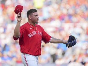 Yariel Rodríguez of the Toronto Blue Jays reacts after coming out of the game against the Houston Astros during the seventh inning in their MLB game at the Rogers Centre on Monday, July 1, 2024, in Toronto.