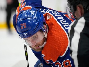 Edmonton Oilers Leon Draisaitl (29) waits for the referee to drop the puck during play against the Washington Capitals on Wednesday, March 13, 2024 in Edmonton. Greg Southam-Postmedia