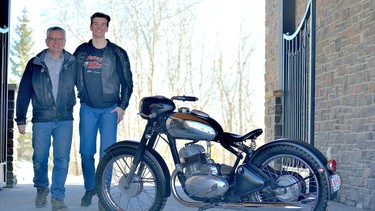 Father and son Lorne and Anthony Kamelchuk with the 1965 Jawa Road King the pair customized in their home garage. They fabricated a triangulated rear swingarm, shortened the forks, rebuilt the wheels and added many subtle touches.