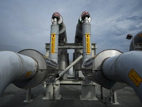 Piping on the top of a receiving platform which will be connected to the Coastal GasLink natural gas pipeline terminus at the LNG Canada export terminal under construction, in Kitimat, B.C., 2022.