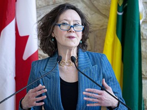 Justice Minister and Attorney General Bronwyn Eyre attends a joint funding announcement between the provincial government, University of Saskatchewan and Legal Aid Saskatchewan at the College of Law on April 1, 2024.