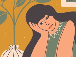 Vector illustration of sad depressed woman sitting at home table resting head on hand