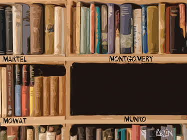 Cartoon of a bookshelf with the works of Martel, Montgomery, Mowat and Munro. Munro's section is blacked out.