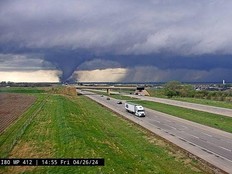 This traffic cam image obtained from the Nebraska Department of Transportation shows a tornado crossing Interstate Highway 80 near Waverly, Nebraska, on April 26, 2024.