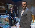 Author and playwright Emma Donoghue, left, and the Grand Theatre's artistic director Dennis Garnhum pose on the set of Room on Tuesday, March 8, 2022. Twice delayed by the pandemic, the Grand Theatre's production of the play based on Donoghue's novel opens Friday. (Mike Hensen/The London Free Press)