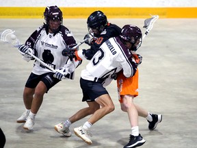 Noah Millsap tries to fight through the screen provided by Marcus Minichiello while David Anderson breaks free in the first period as the Owen Sound North Stars play the Cobourg Kodiaks inside the Harry Lumley Bayshore Community Centre on Sat. July 13, 2024. Greg Cowan/The Sun Times