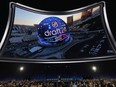 An image of the Sphere is displayed during the first round of the NHL hockey draft Friday, June 28, 2024, in Las Vegas.