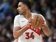 Toronto Raptors' Jontay Porter holds the ball during a game earlier this year.